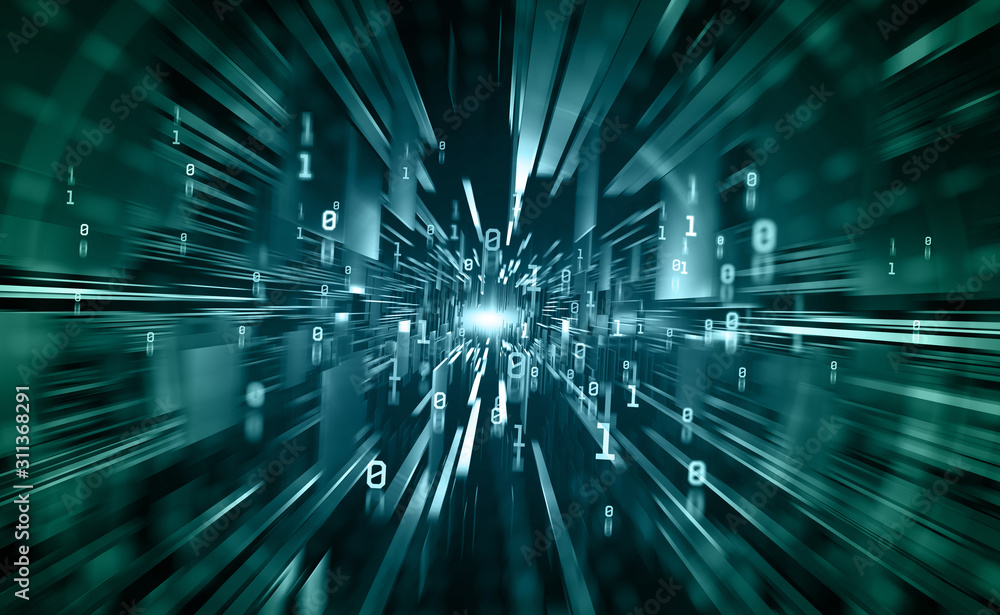 Poster Abstract cyberspace. Digital world and future technology. Speed, power and a breakthrough to success. 3D illustration of clusters of information with a binary code element