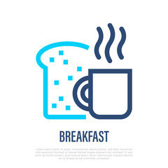 Breakfast thin line icon: toast with cup of coffee. Logo for cafe or food service. Vector illustration.