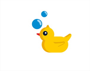 Yellow rubber duck with bubble on the white background