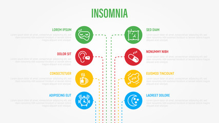 Insomnia infographics with thin line icons in circles and copy space near. Medical data visualization. Alarm clock, sleeping mask, comfortable pillow, earplug, pills. Vector illustration.