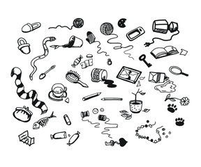 Black and white set of hand drawn broken domestic objects.