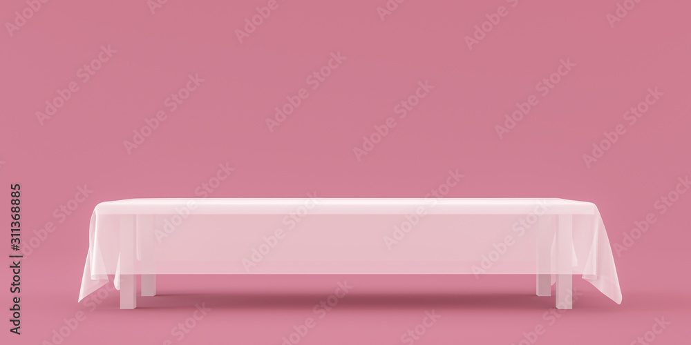 Aufkleber Empty table top with white fabric on pink background with long space for design. Blank pedestal or podium product shelf backdrop. 3D rendering.