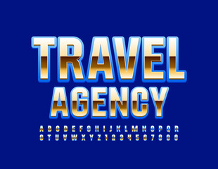 Vector bright Sign Travel Agency. Golden and Blue shiny Font. Chic Alphabet Letters and Numbers