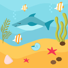 vector illustration. Underwater world, marine life of oceanic animals
