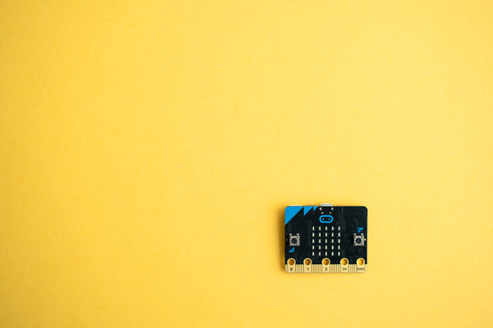 Minsk, Belarus. December, 2019. The BBC robot Micro Bit and metal robot. It can be programming on Scratch or Python. Creative, coding, learning. STEM and STEAM education. AI. DIY. Free space for text.