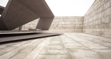 Abstract architectural concrete interior of a minimalist house with swimming pool. 3D illustration and rendering.