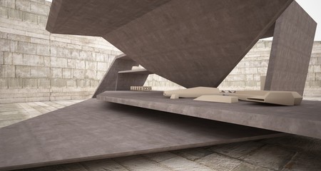 Abstract architectural concrete interior of a minimalist house with swimming pool. 3D illustration and rendering.