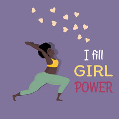 Fototapeta na wymiar Vector illustration with happy black skin an oversized women in yoga position I fill girl power. Sports and health body positive concept for postcard, yoga classes t-shirt active healthy lifestyle