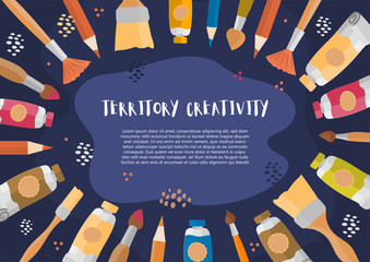 Vector banner, poster or frame background with hand drawn elements, paints, brushes, pencils and watercolor splash. Hand drawing illustration for design kids art, education, creativity class concept