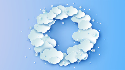 Illustration of beautiful winter sky with clouds and snowflakes in circle shape. Winter circle frame. paper cut and craft style. vector, illustration.
