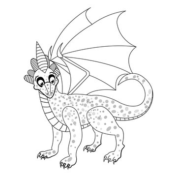 Line art. Curious little dragon. Vector isolated illustration for children's coloring book. Fantasy caroon style cute character with big eyes on white background. 
