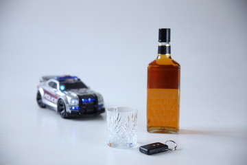 Don't drive when drinking. Police car, alcohol glass, bottle