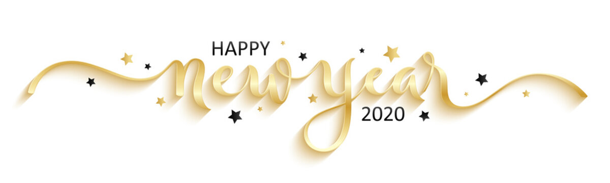 HAPPY NEW YEAR 2020 black brush calligraphy banner with stars