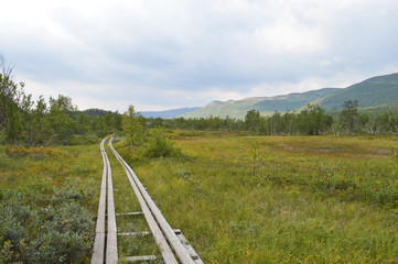 Fototapeta na wymiar Beautiful nature and mountains during hike on kungsleden trail in national park Abisko, Sweden
