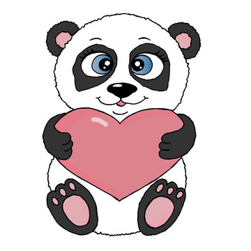 Cute cartoon panda with pink big heart and handwritten text Be Mine. Vector illustration. The concept of Valentine's Day.