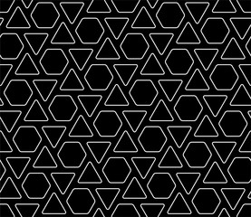 Line art geometric seamless pattern. Black and white vector tileable background.