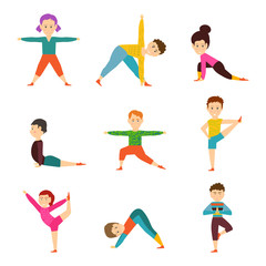 Fototapeta na wymiar Children in different yoga poses isolated on white background. Kids healthy lifestyle template