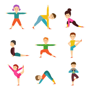 Children in different yoga poses isolated on white background. Kids healthy lifestyle template