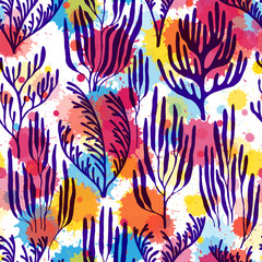 Ocean corals seamless pattern., Tropical coral reef branch silhouette elements.