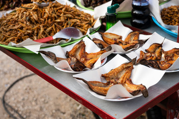 Street food, Fried fish are on sale at the walking street.
