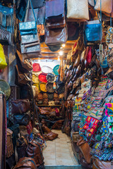 Fototapeta na wymiar typical leather bag shop in marrakech