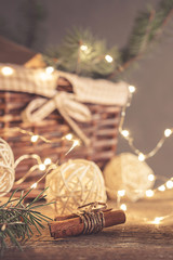 Christmas and zero waste, eco friendly packaging gifts in kraft paper on a wooden table, eco christmas holiday concept, eco decor