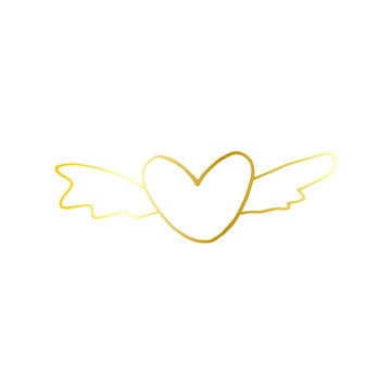 golden heart with wings doodle element. Valentines day element	