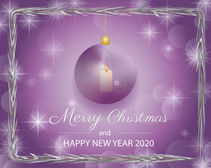 Christmas and New Year's 2020 Card with  violet christmass ball hanging on spruce twig and lightning candle inside on violet backround with stars and bubbles