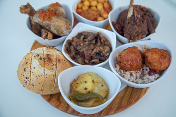 Selection of fine spanish tapas delicious fine food spain tapa bread meat garbanzos rice meat balls chicken potao