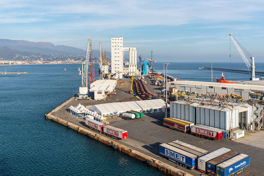 View of the port of Savona, Liguria, Mediterranean coast, Italy. The Colacem terminal is located on the Boselli quay, at the entrance of the port of Savona, Italy at December 1, 2018