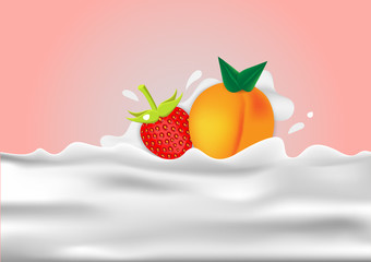Fruits, strawberry, apricot with white yogurt splash vector background. white Milk shake for banner, layout,advertising.