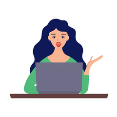 Surprised and delighted woman and a laptop. Woman work at computer. Girl looking at laptop. Vector illustration in flat and cartoon style