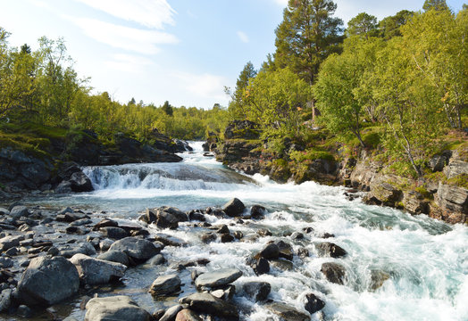 Wild river and rapids near Kungsleden trail in Abisko national Park, Sweden