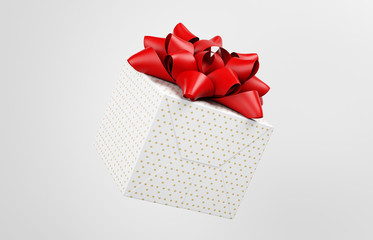 White gift box with glittering red bow and crossing ribbons isolated on a background. Decoration element for design. Square box with ornament. 3D illustration. 