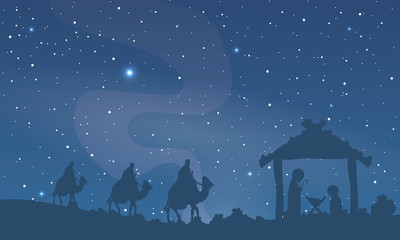 Jesus mary and joseph against sky, vector art illustration.