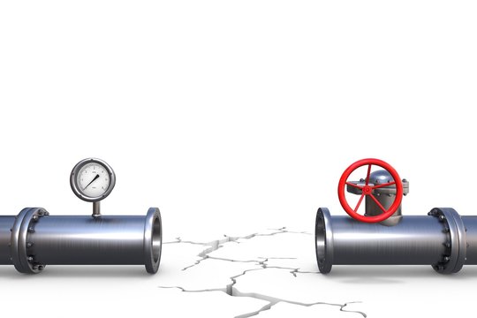 3D illustration: Two unconnected pipeline fragments with a deep crack between them. Steel gas pipe with red valve and pressure gauge.  Political business concept: american sanctions and restrictions.