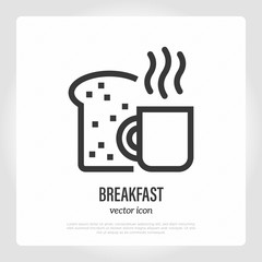 Breakfast thin line icon: toast with cup of coffee. Logo for cafe or food service. Vector illustration.