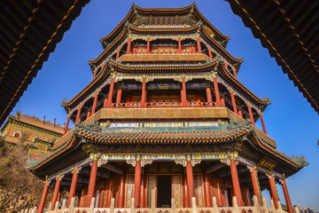 Obraz premium The Temple of Buddhist Virtue (Longevity Hill) at Yiheyuan (Summer Palace), Beijing. Bottom up view.