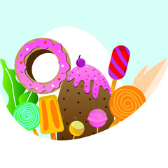 Different type of sweets, choco bingsu, lollipops, candies and donut on modern background in a concept of weight loss.