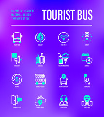 Tourist bus thin line icons set: free wi-fi, schedule, emergency exit, tourist route, departure point, socket, audio guide, luggage, refund, double decker. Vector illustration.