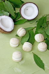 coconut macaroons with raspberry filling on a fresh green leaf background