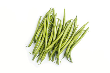 Bunch of green french beans isolated on white background. top view.