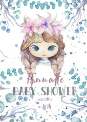 Cute watercolor romantic girl with brown hair on flowers in head and leaves background. dreamer girl illustration graphic design for little princess. Beauty clip art for baby shower, birthday, invite