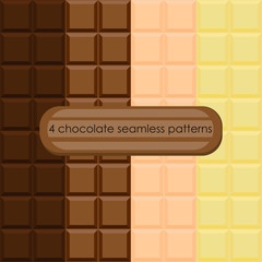 Set of four chocolate seamless patterns. Stock vector illustration. Chocolate bar backgrounds.