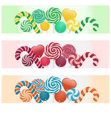 Set of three horizontal banners with different colorful candys and lollipops. Stock vector illustration.