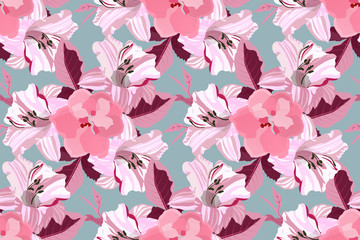 Art floral vector seamless pattern. Pink lilies.