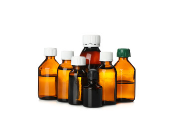 Brown medical bottles isolated on white background. Health care