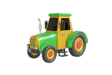 Tractor with wheels cartoon style realistic design green, yellow color. Kids toy isolated white background. Minimalistic transport concept. 3D rendering.