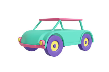 Passenger car cartoon style realistic design pastel green, coral, yellow, purple color. Kids toy isolated white background. Minimalistic transport concept. 3D rendering.