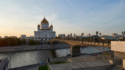 The Russian Orthodox Cathedral of Christ the Saviour the in Moscow, Russia, viewed from the bridge over the Moskva River, a few hundred metres southwest of the Kremlin.
